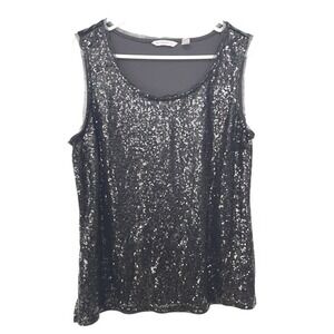 Isaac Mizrahi Live XL Black Sequin Tank Top Velvet Back Mesh Trim Glam Partywear